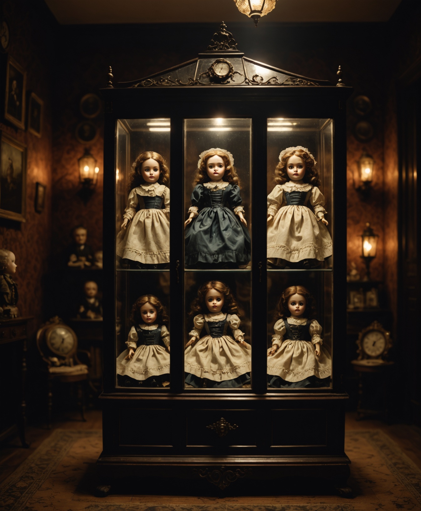 La Mansión Micropsia — vitrinas con muñecas victorianas